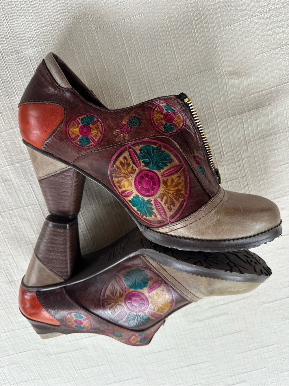 Brown Leather Floral Embossed Hand Painted Taupe Cap Toe Booties